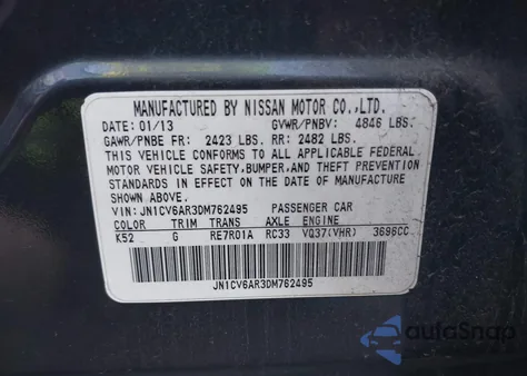 2013 Infiniti G37X z USA, uszkodzony, nr VIN JN1CV6AR3DM762495
